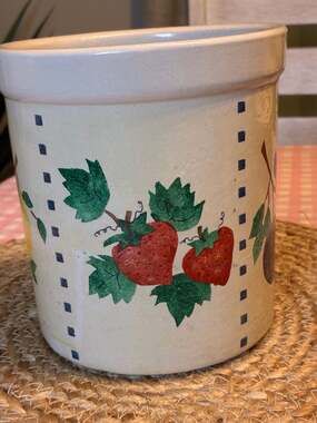 Vintage R.R.P. Co. Roseville 2 Quart Stoneware Crock with Hand Stenciled Fruit P
